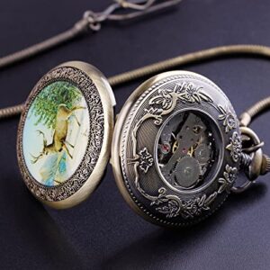 Alwesam Luxury Two Sub-dials Mechanical Pocket Watch Hand Winding Bronze Alloy Skeleton Back with Chain Retro Roman Numeral Clock…