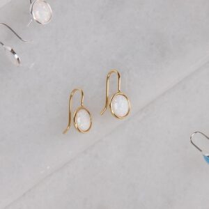 Opal Earrings for Women Gold Plated - Dainty Earrings for Women, 14K Gold Plated Dainty Gold Earrings, Gold Dangly Earrings for Woman, Created White Opal Jewelry for Women, Bridesmaid Earrings