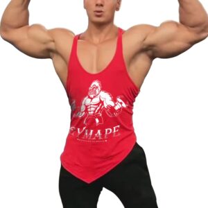 men's y-back bodybuilding workout stringer tank tops muscle sleeveless t shirts with incline hem color red size l