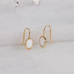 Opal Earrings for Women Gold Plated - Dainty Earrings for Women, 14K Gold Plated Dainty Gold Earrings, Gold Dangly Earrings for Woman, Created White Opal Jewelry for Women, Bridesmaid Earrings