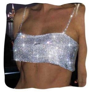 JEWEKY Rhinestone Crop Top Sparkly Body Chain Silver Bra Chain Backless Chest Chains Rave Party Body Jewelry Accessories for Women