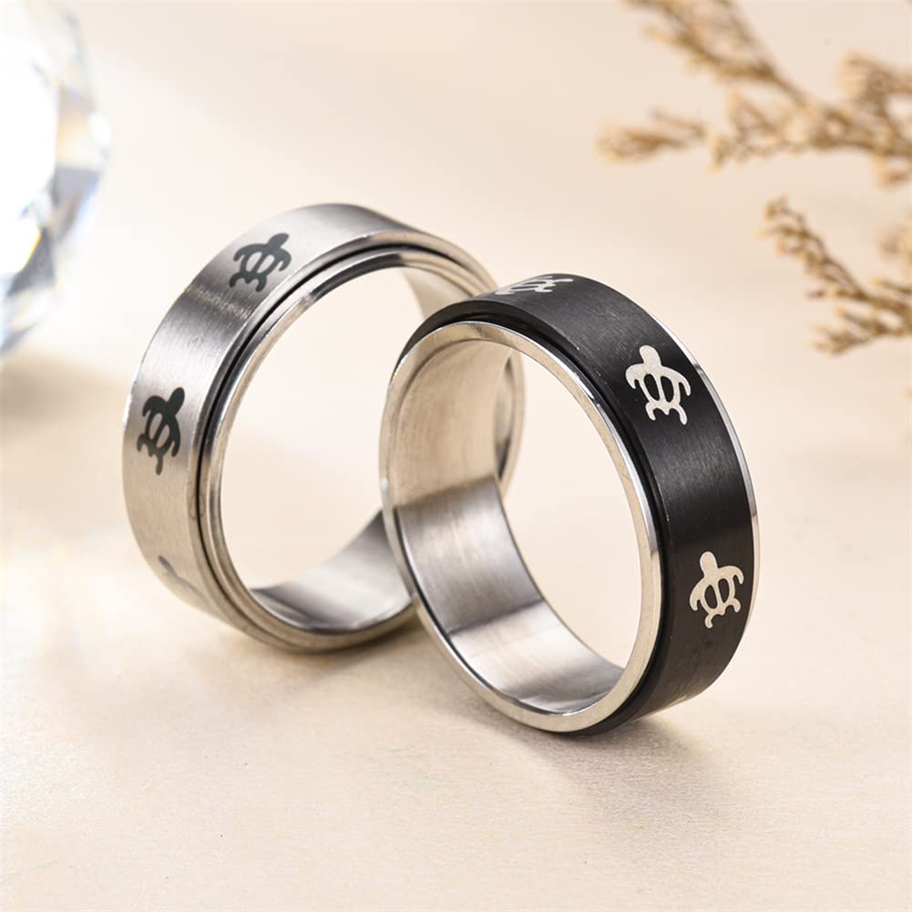 INRENG 8MM Stainless Steel Spinner Ring for Men Women Anxiety Relief Fidget Rings Band Animal Turtle Engraved Black Size 7