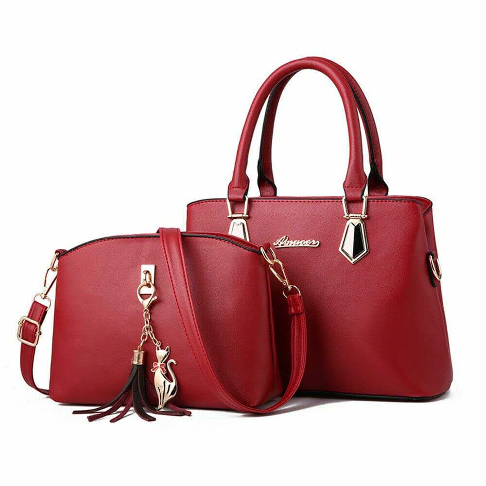 2 Pcs Women Fashion Handbags, Tote Bags Shoulder Bag Top Handle, Leather Tote Purses, Red