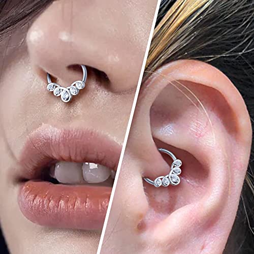 COCHARM Minimalist Septum Ring 16G Silver Flower Septum Nose Rings Clear CZ Helix Daith Earrings for Women Men Dainty Sparkly Helix Daith Piercing Jewelry Surgical Steel