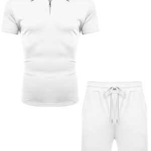 URRU Mens Short Sleeve Casual Polo Shirt and Shorts Sets Two Piece Summer Outfits Tracksuit Set for Men White L