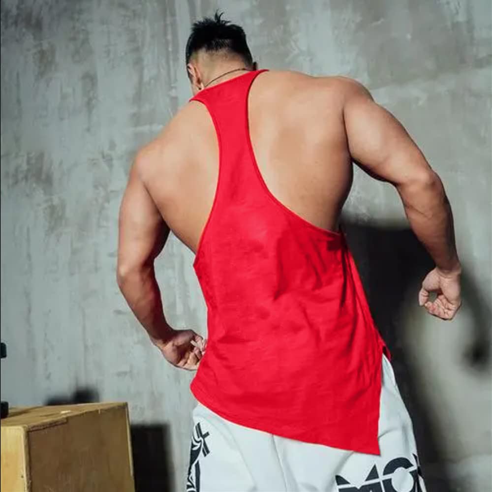 Men's Y-Back Bodybuilding Workout Stringer Tank Tops Muscle Sleeveless T Shirts with Incline Hem Color Red Size L