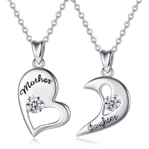 EUDORA Sterling Silver Mother Daughter Necklace Set for 2 for Mama, Heart Moon Mom Daughter Double Chain Pendant Jewelry Mother's Day Gift for Mother Stepmother Daughter