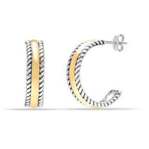 lecalla 925 sterling silver half hoop earrings for women | two-tone antique style c hoop earring | 14k gold-plated small women's earring 15mm