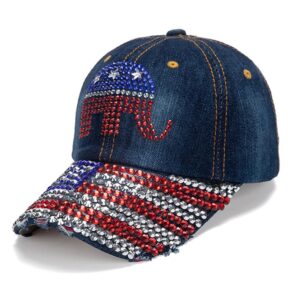 gamusi trump 2024 baseball cap denim distressed bling rhinestone hat usa flag cap adjustable unisex (elephant)