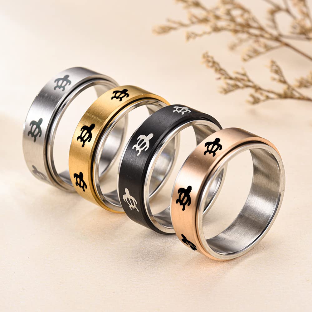 INRENG 8MM Stainless Steel Spinner Ring for Men Women Anxiety Relief Fidget Rings Band Animal Turtle Engraved Gold Size 12