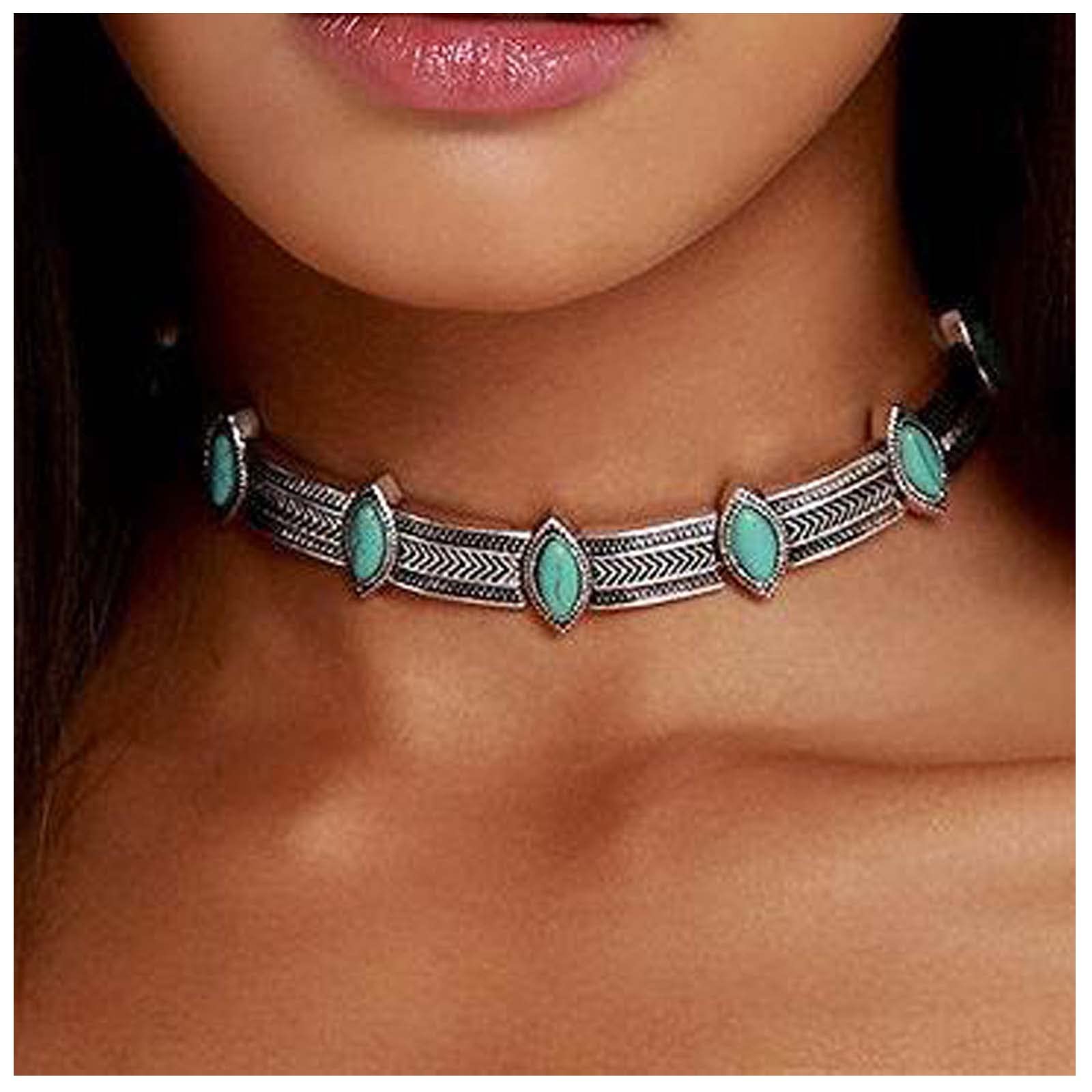 Yheakne Boho Turquoise Choker Necklace Vintage Turquoise Necklace Chunky Silver Chain Necklace Thick Collarbone Necklace Gypsy Necklace Chain Jewelry for Women and Girls Tribal Necklace