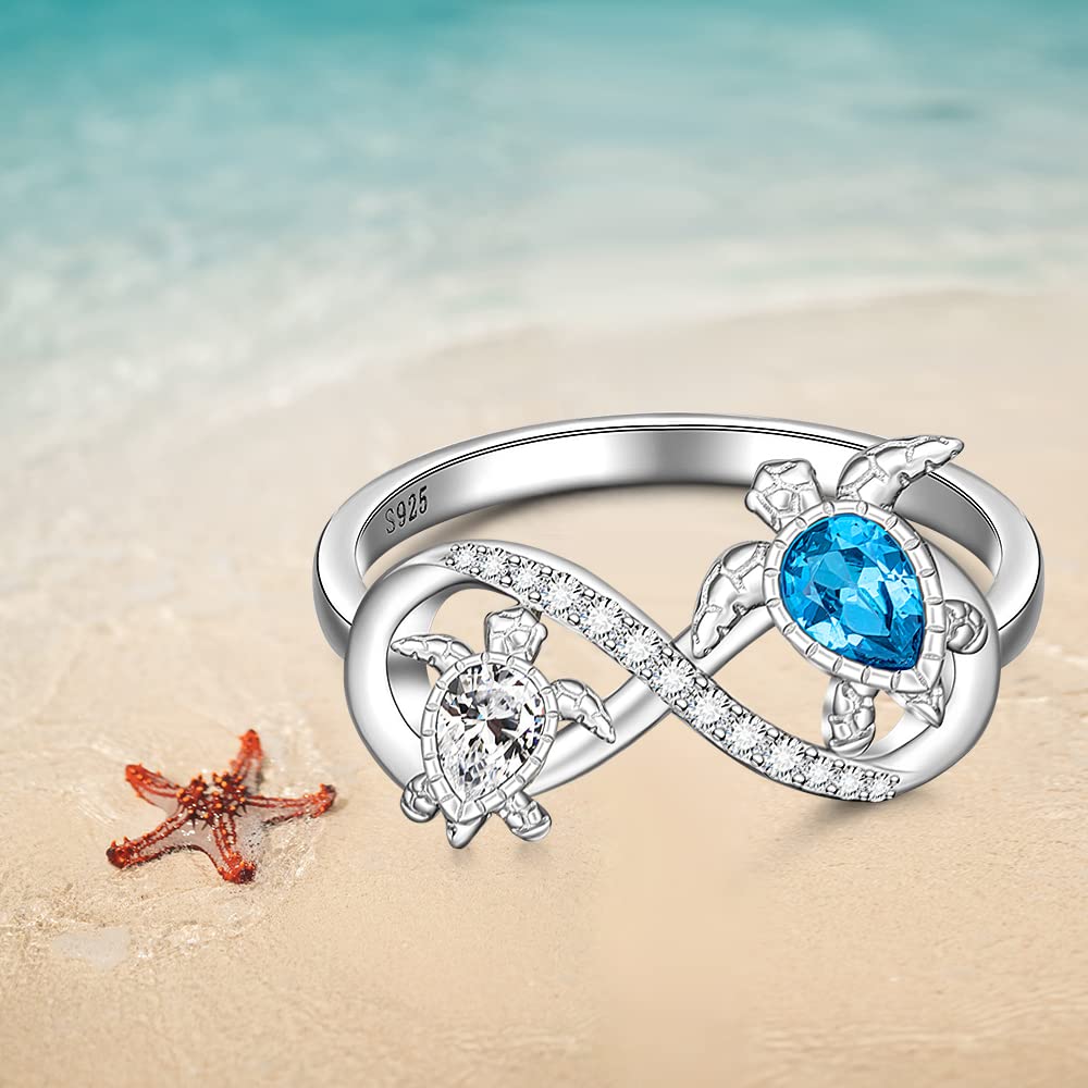 Turtle Ring Sterling Silver Infinity Rings for Women Mother Daughter Blue Sapphire Ocean Wave Longevity Sea Turtle Jewelry Gifts Size 6