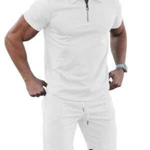 URRU Mens Short Sleeve Casual Polo Shirt and Shorts Sets Two Piece Summer Outfits Tracksuit Set for Men White L