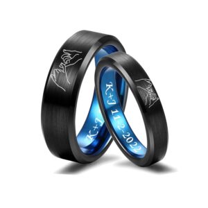 mzzj his hers pinky promise pinky swear couple matching ring 6mm+4mm 2 tone brushed matte black tungsten blue inside bevel edge wedding band promise engagement rings for him her