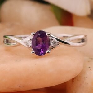 Dazzlingrock Collection 6X4mm Oval Amethyst & Round White Diamond Engagement Ring for Women in 14K White Gold, Size 9