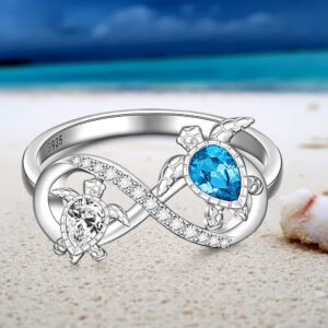 Turtle Ring Sterling Silver Infinity Rings for Women Mother Daughter Blue Sapphire Ocean Wave Longevity Sea Turtle Jewelry Gifts Size 6