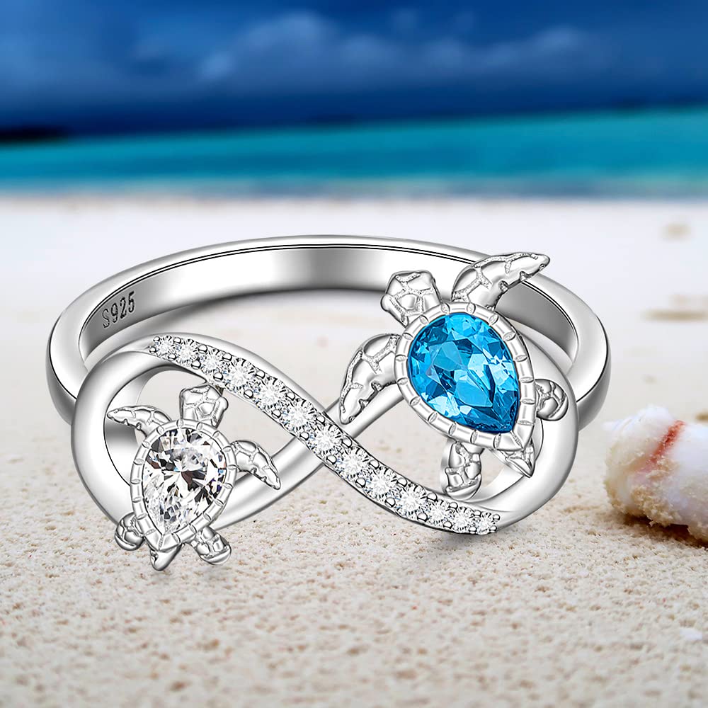 Turtle Ring Sterling Silver Infinity Rings for Women Mother Daughter Blue Sapphire Ocean Wave Longevity Sea Turtle Jewelry Gifts Size 6