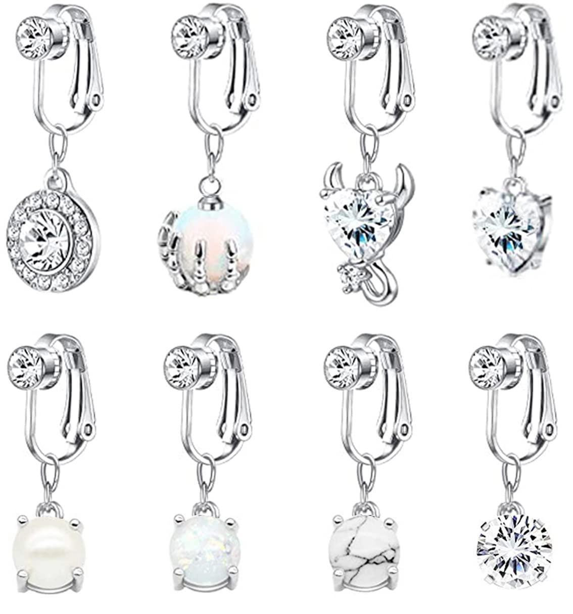 Masedy 8 Pcs Fake Belly Clip on Dangle Belly Button Rings Faux Navel Ring for Women Non Piercing Body Jewelry S