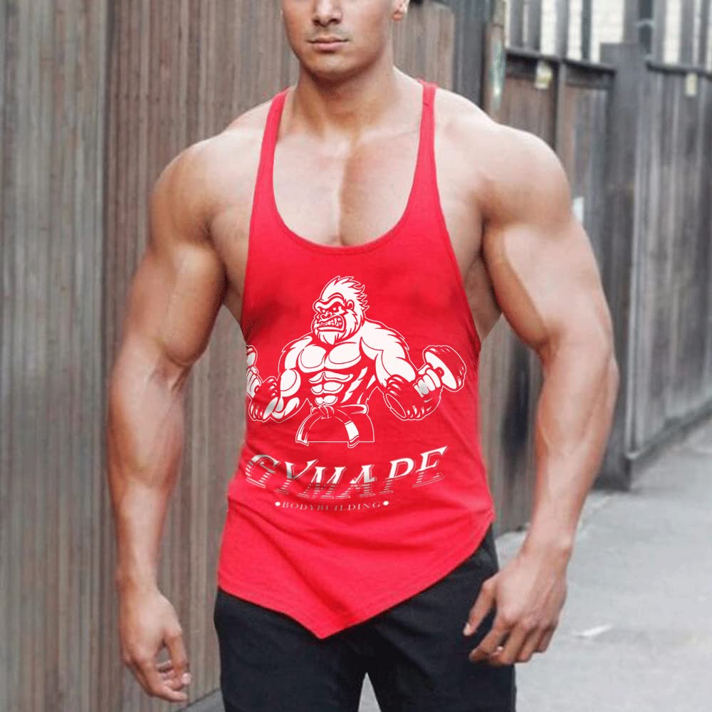 Men's Y-Back Bodybuilding Workout Stringer Tank Tops Muscle Sleeveless T Shirts with Incline Hem Color Red Size L