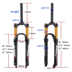 BOLANY 26/27.5/29 inch Bike Air Suspension Fork 120mm Travel Rebound Adjust 1/8 Straight/Tapered Tube Manual/Remote Lockout Bicycle Forks QR 9mm MTB Front Fork (Straight-Manual, 26inch)