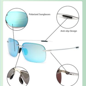 JIM HALO Rimless Polarized Sport Sunglasses Men Women, Spring Hinge Metal Frame for Running Fishing Cycling Driving Silver/Mirror Blue