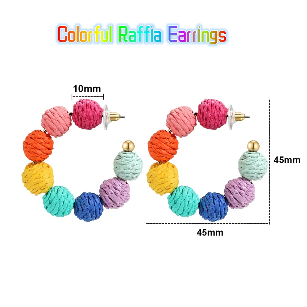 Colorful Statement Raffia Hoop Dangle Earrings for Women - Fun Summer Rattan Beach Vacation Jewelry Teacher Gifts (Colorful)