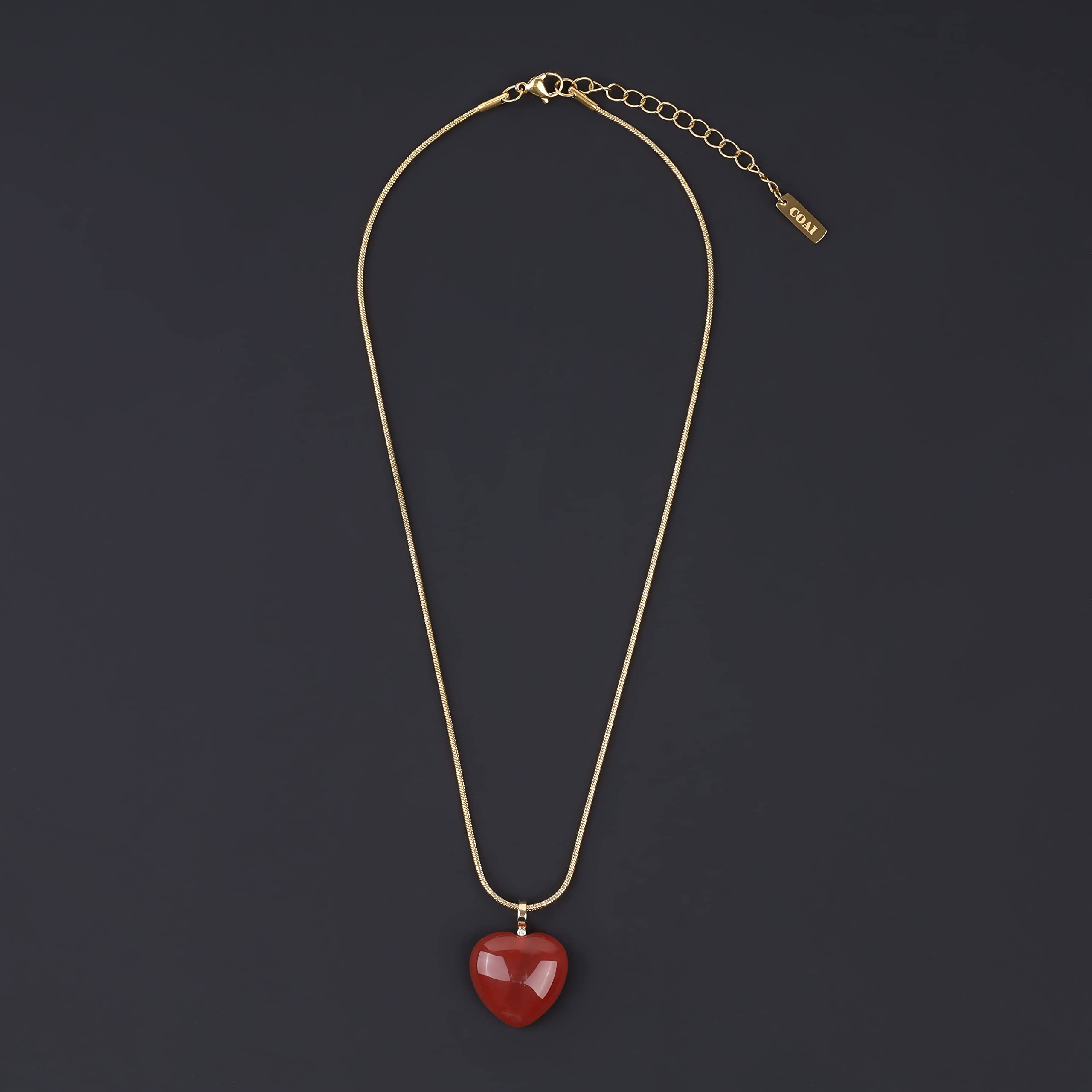 COAI Snake Chain Heart Red Carnelian Stone Pendant Necklace