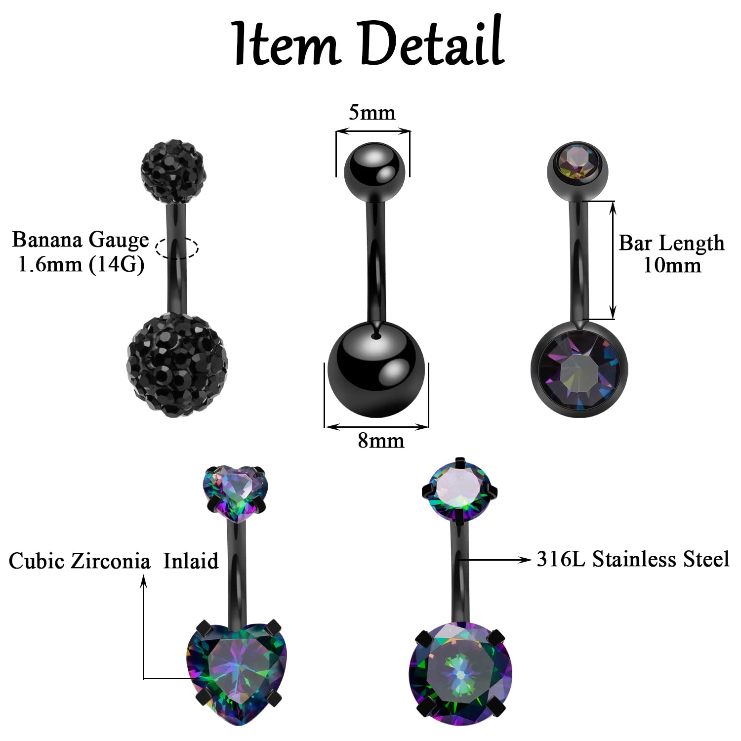 14G Belly Button Ring Stainless Steel Black Navel Ring for Women Clear Round Heart CZ Crystal Belly Bar Body Piercing Internally Threaded Barbell Belly Jewelry Black 5PCS (5PCS Belly Button Ring-Black)