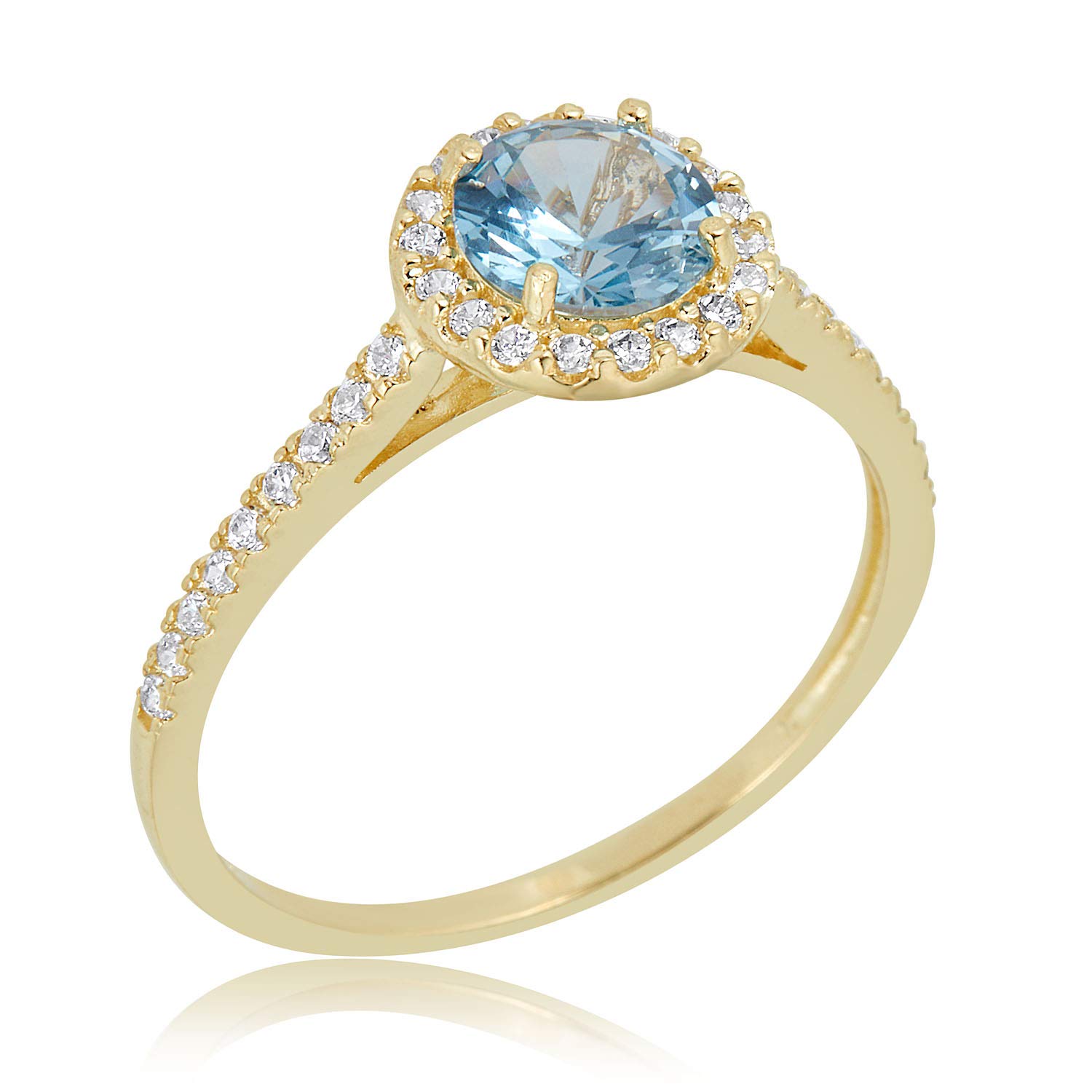 AVORA 10K Yellow Gold March Birthstone- Aquamarine with Simulated Diamond CZ Halo Fashion Ring - Size 6