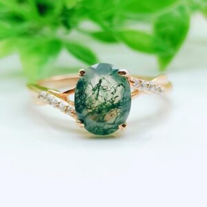 Natural Moss Agate Ring For Women Oval Shaped Rose Gold Ring Silver Ring Delicate Ring Stacking Ring Promise Ring For Women's Birthday Gift By FOREVER GEMS & JEWELS