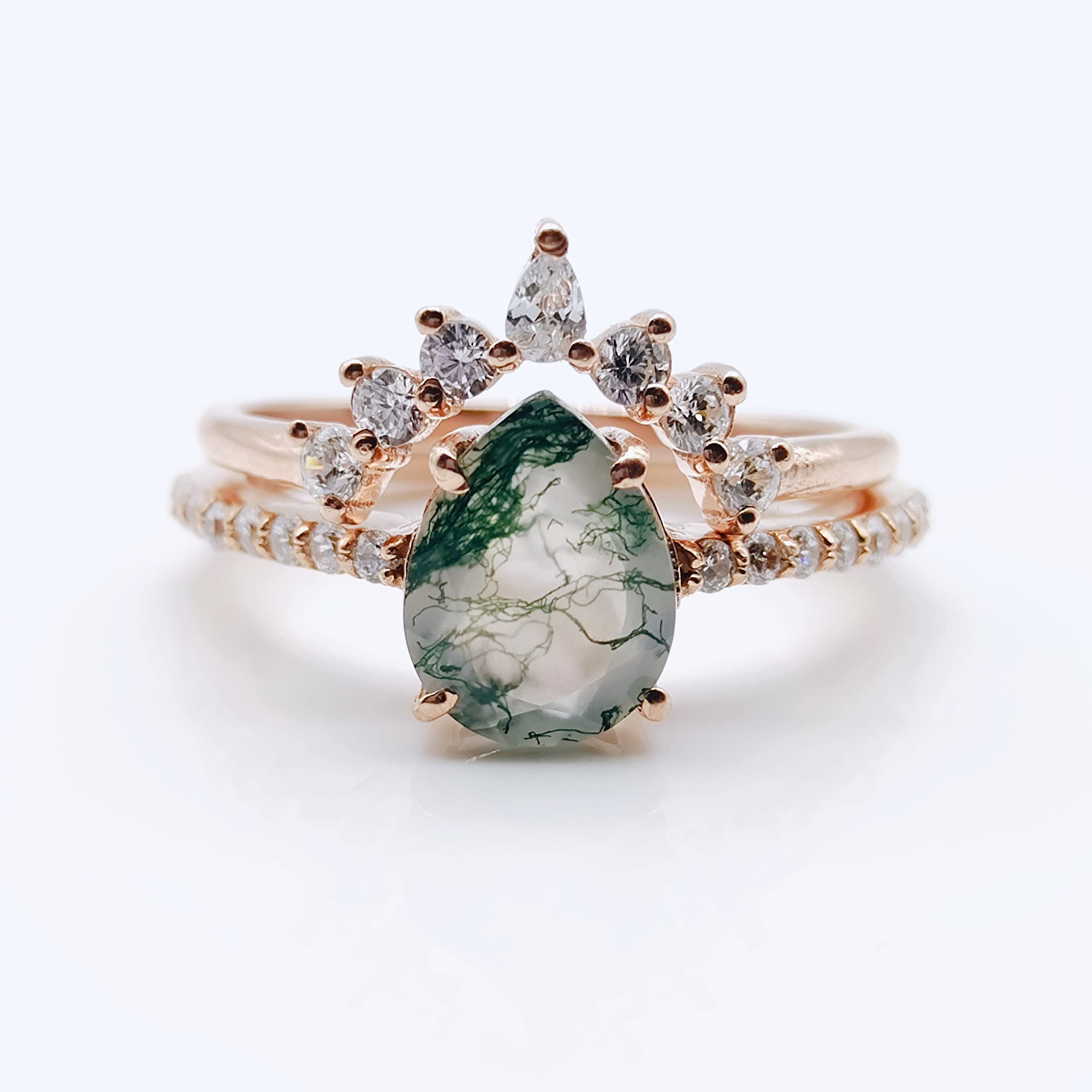 Natural Moss Agate Ring Set For Women Pear Shaped Gold Ring Silver Ring Delicate Ring Stacking Ring Promise Ring For Women Christmas Gift By FOREVER GEMS & JEWELS