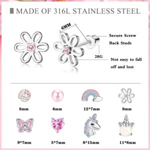 ZELORES 8 Pairs Cute Screw Back Earrings for Women Pink CZ Heart Unicorn Stud Earrings Stainless Steel Flower Butterfly Screwback Earrings Set (Set1)