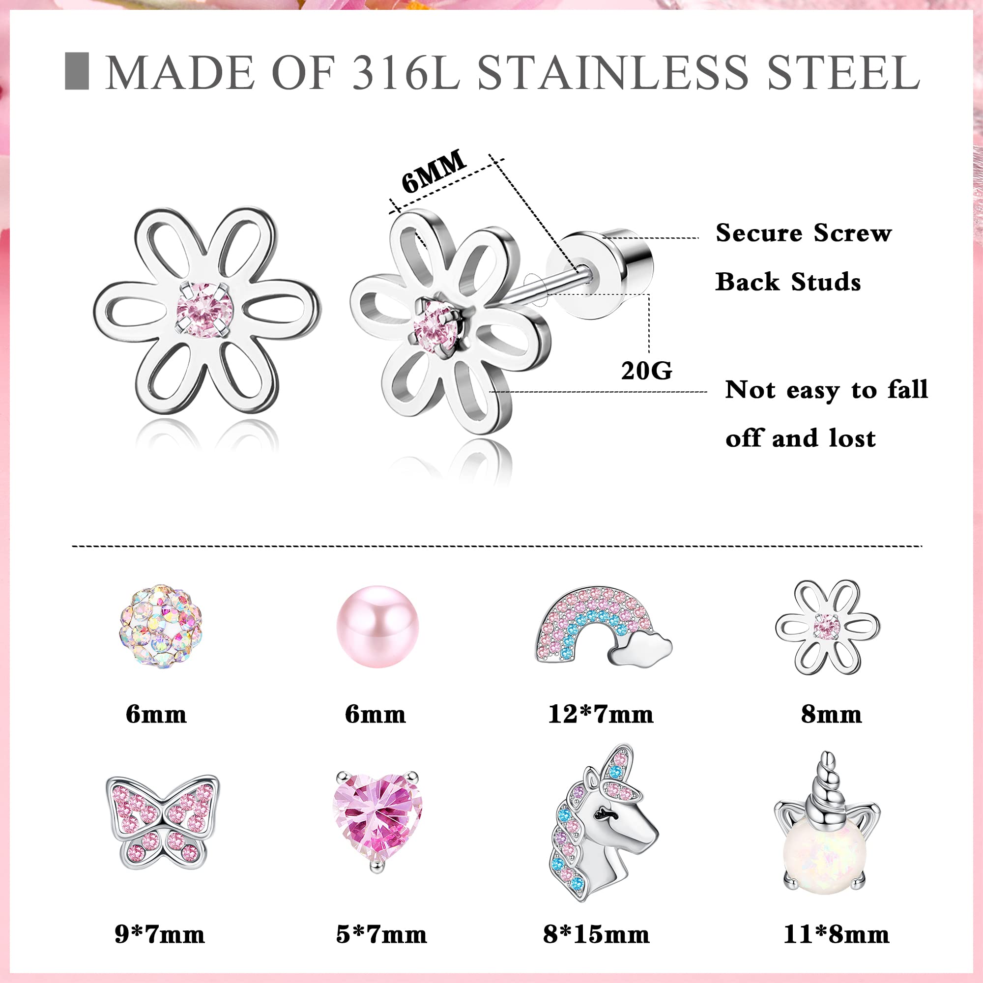 ZELORES 8 Pairs Cute Screw Back Earrings for Women Pink CZ Heart Unicorn Stud Earrings Stainless Steel Flower Butterfly Screwback Earrings Set (Set1)