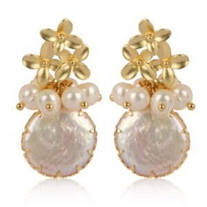 zqhhyy 18k Gold Baroque White Big Pearl Drop Earrings For Women Handmade Trendy Comfy Real Freshwater Pearls Aesthetic Life Tree Dangle Earrings Engaged Wedding Bridesmaid Hanging Jewelry (flower)