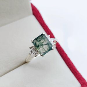 Moss Agate Engagement Ring For Women Emerald Cut Solid 14K Gold Ring-Cluster Ring-Moissanite Bridal Ring-Promise By FOREVER GEMS & JEWELS, Rose Gold,White,Green,Emerald,Silver