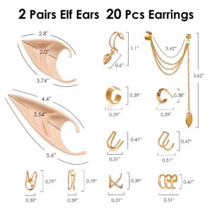 FRESHME Elf Ears with Piercings Earring Cuffs Set, Soft Fairy Elf Ears with Non-Piercing Gold Earrings Tassel Chain Cartilage Clips for Women Christmas Renaissance Halloween Costume Accessories