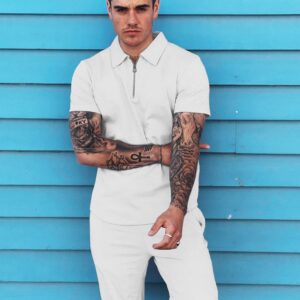 URRU Mens Short Sleeve Casual Polo Shirt and Shorts Sets Two Piece Summer Outfits Tracksuit Set for Men White L