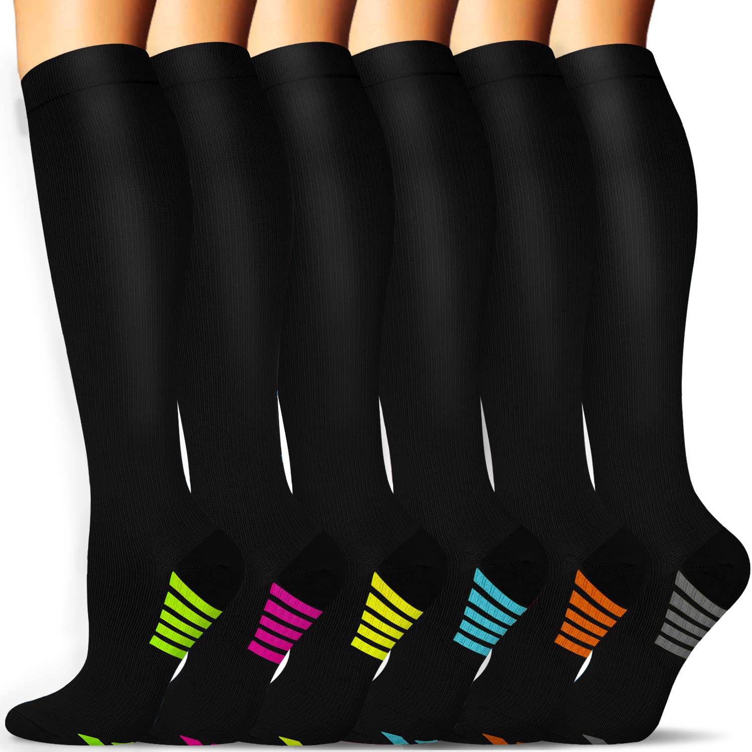 SunFeeling Compression Socks Women & Men 20-30mmHg - Best Support for Running,Sports,Hiking,Flight Travel,Circulation (Multicoloured, 6 Pairs, Large-X-Large)