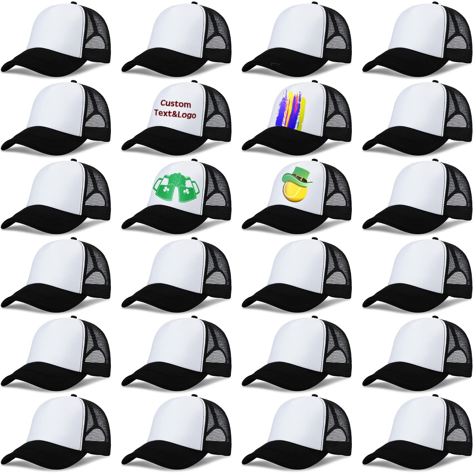 24 Pieces Unisex Sublimation Blank Mesh Baseball Cap Adjustable Plain Blank Mesh Trucker Hat for DIY Embroidery Sublimation Printing(Black White)