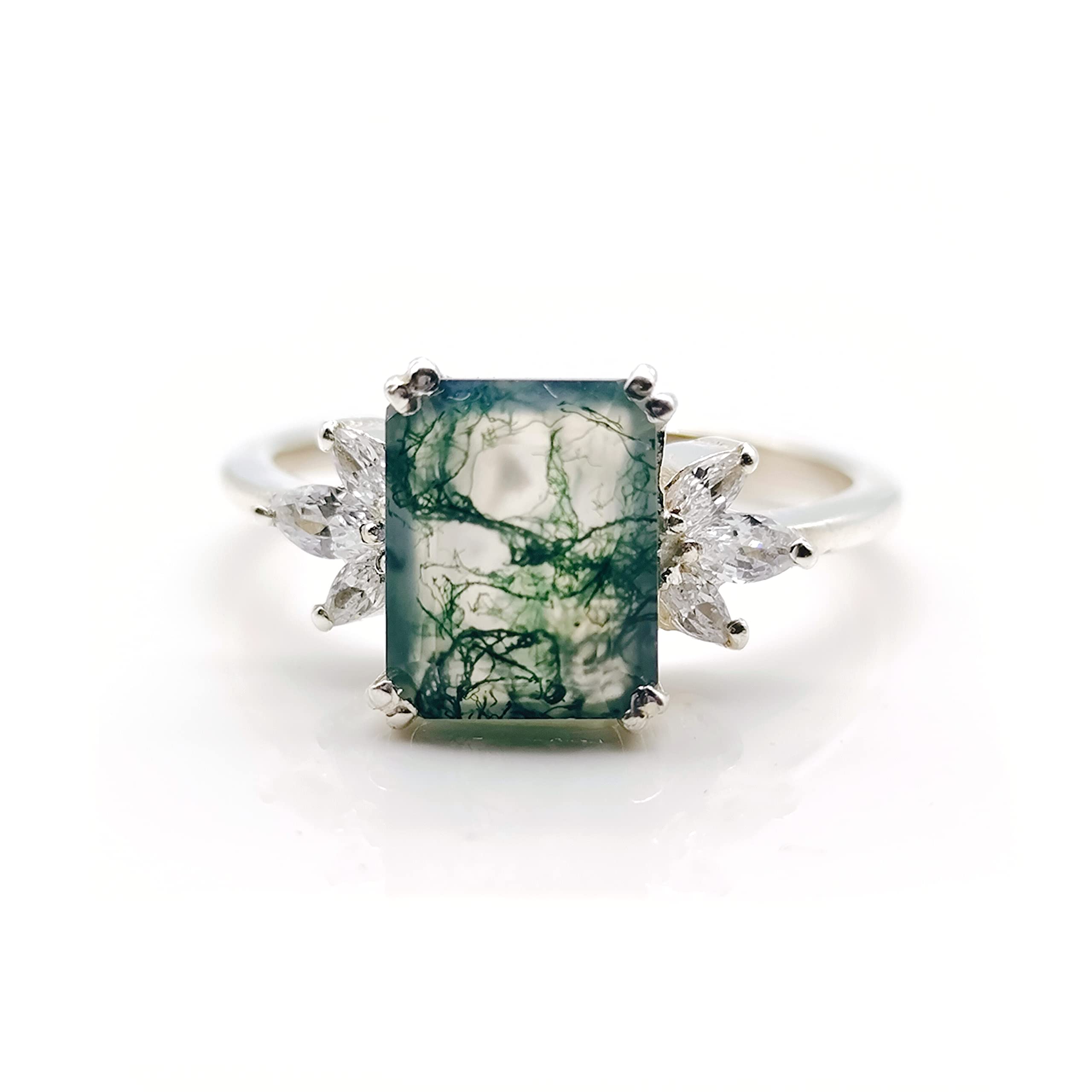 Moss Agate Engagement Ring For Women Emerald Cut Solid 14K Gold Ring-Cluster Ring-Moissanite Bridal Ring-Promise By FOREVER GEMS & JEWELS, Rose Gold,White,Green,Emerald,Silver