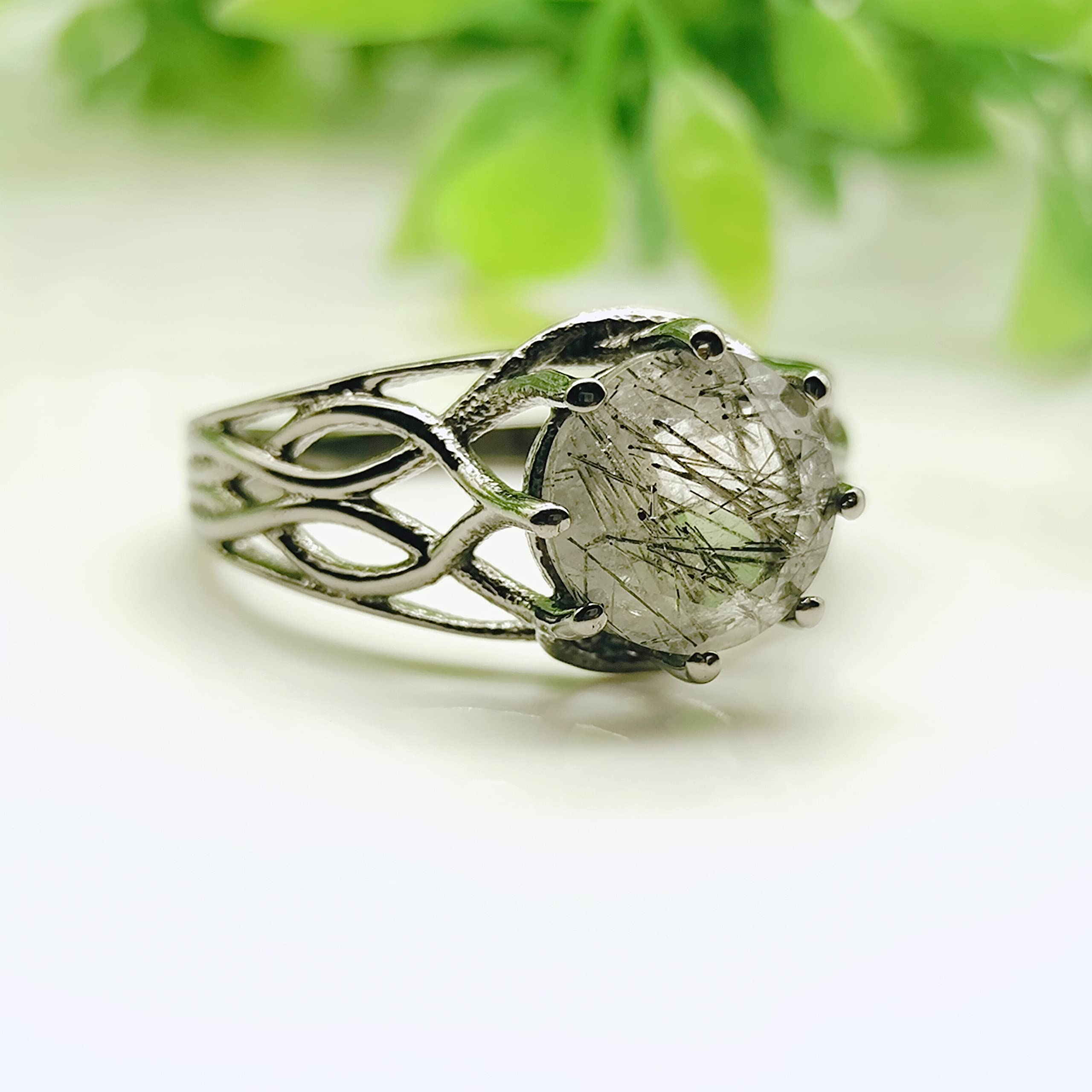 Natural Black Rutilated Quartz Ring For Women Round Shaped Gold Ring 925 Sterling Silver Ring Delicate Ring Statement Ring Promise Ring For Women Gift By FOREVER GEMS & JEWELS Rose Gold/Green/White