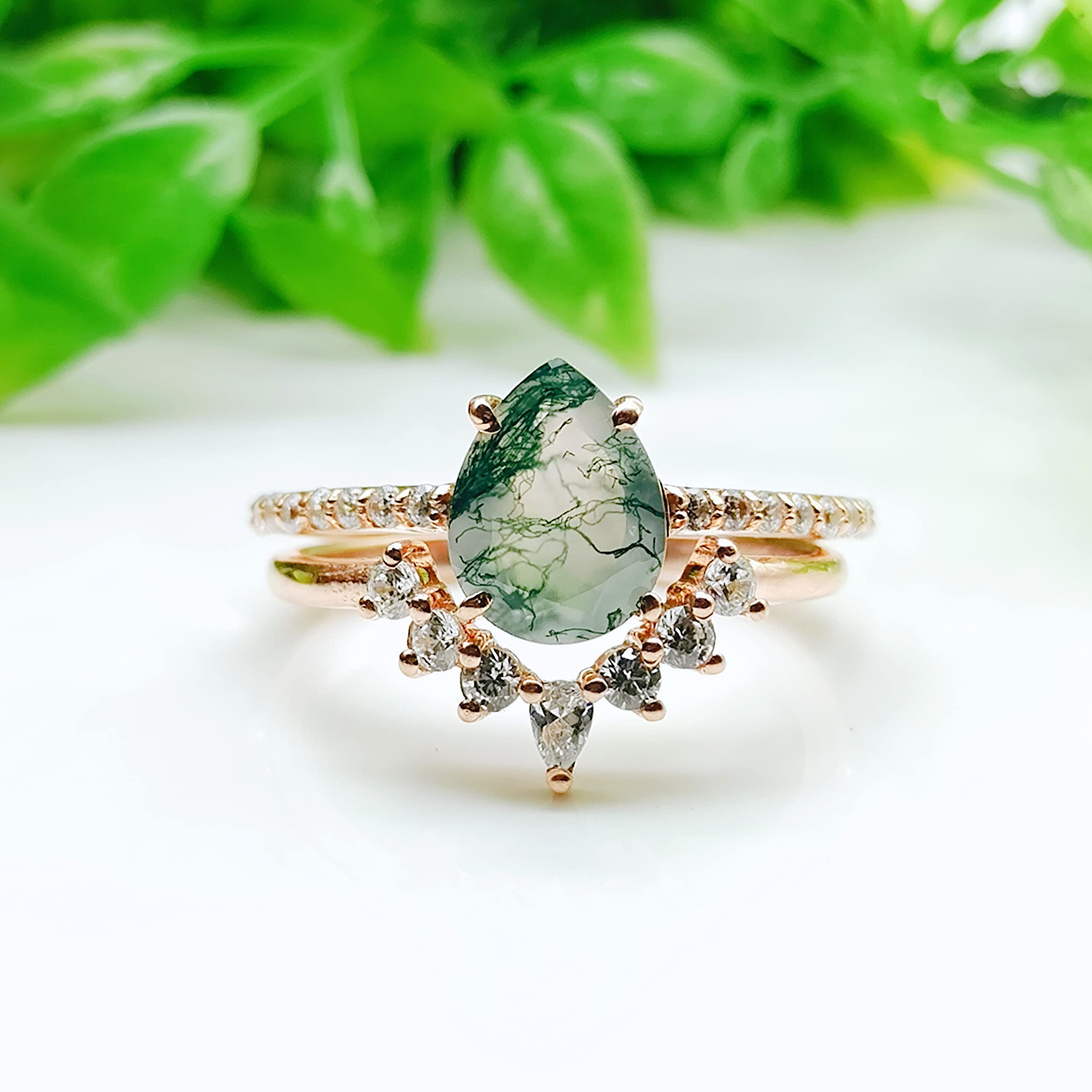 Natural Moss Agate Ring Set For Women Pear Shaped Gold Ring Silver Ring Delicate Ring Stacking Ring Promise Ring For Women Christmas Gift By FOREVER GEMS & JEWELS