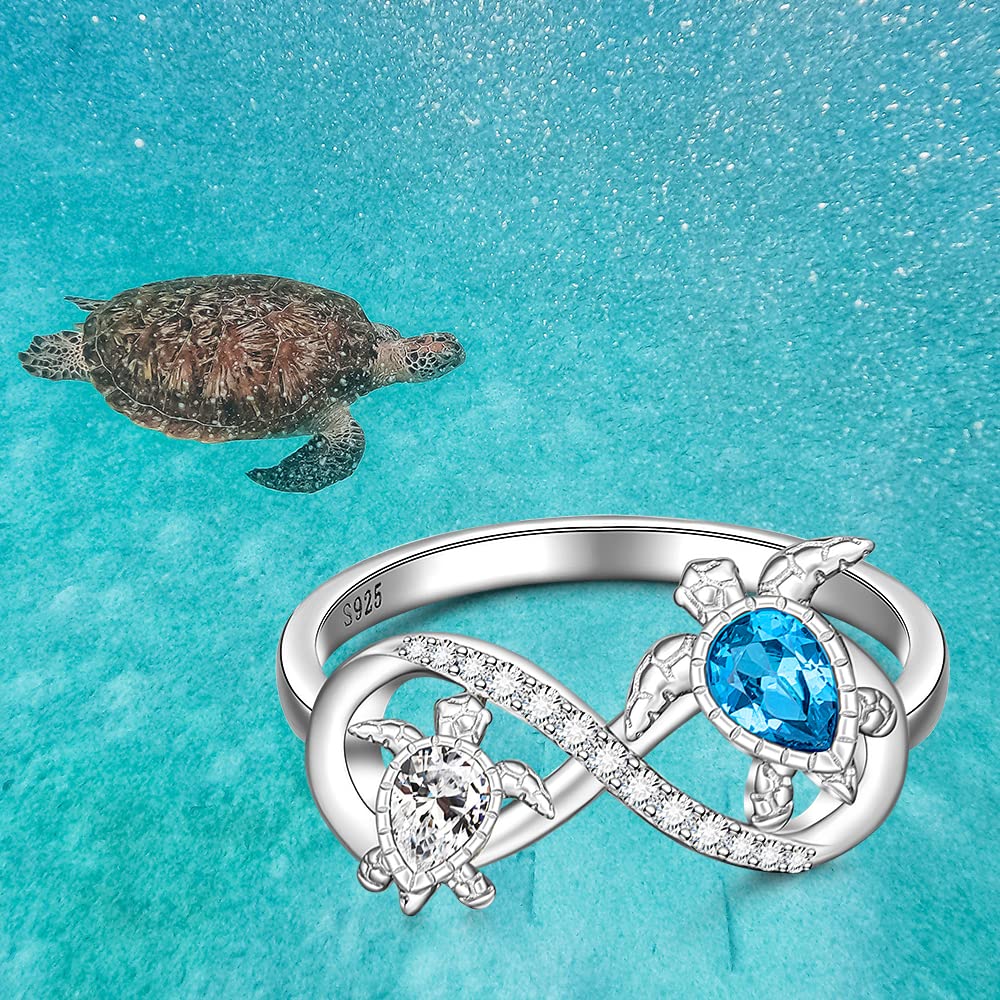 Turtle Ring Sterling Silver Infinity Rings for Women Mother Daughter Blue Sapphire Ocean Wave Longevity Sea Turtle Jewelry Gifts Size 6