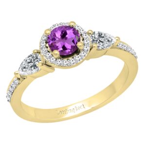 dazzlingrock collection 14k 5 mm round amethyst, pear white sapphire & round diamond ladies ring, yellow gold, size 7