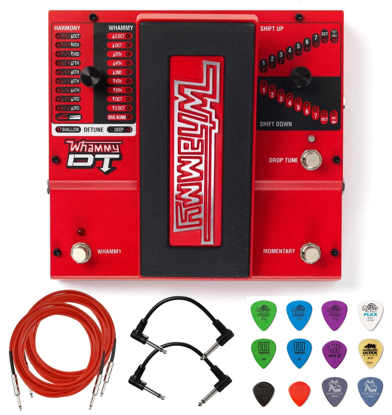 Briskdrop Digitech Whammy DT Pitch Shift Drop Tune Pedal Bundle with 2 Patch Cables, 2 Instrument Cables, and Dunlop Variety Pick Pack, whammyDT-bundle