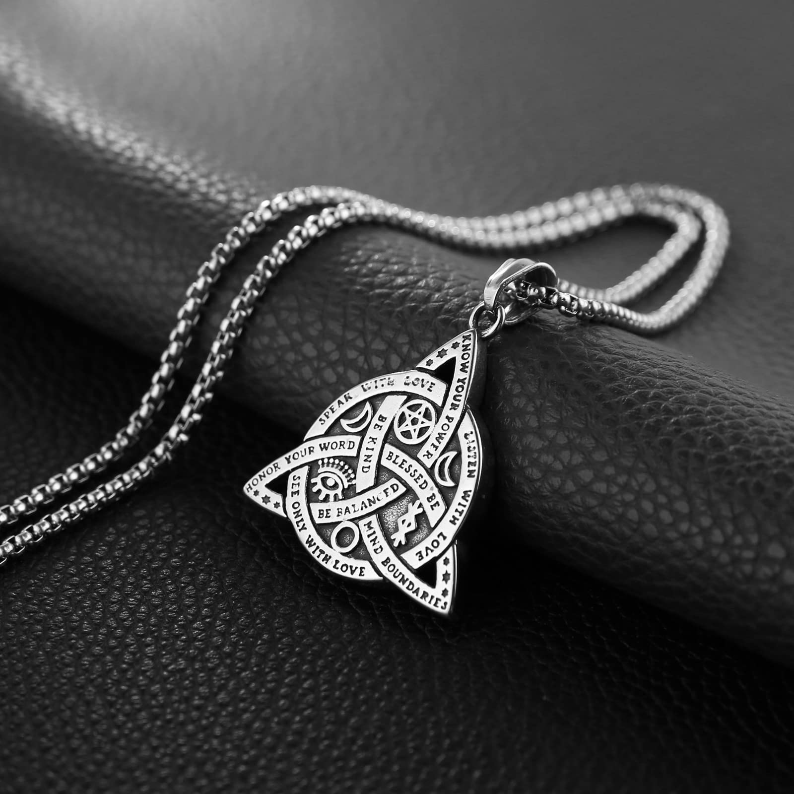 HZMAN Double Sided Stainless Steel Triple Goddess Triquetra Necklace Celtic Knot Irish Christian Trinity Knot Pendant