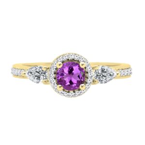 Dazzlingrock Collection 14K 5 MM Round Amethyst, Pear White Sapphire & Round Diamond Ladies Ring, Yellow Gold, Size 7