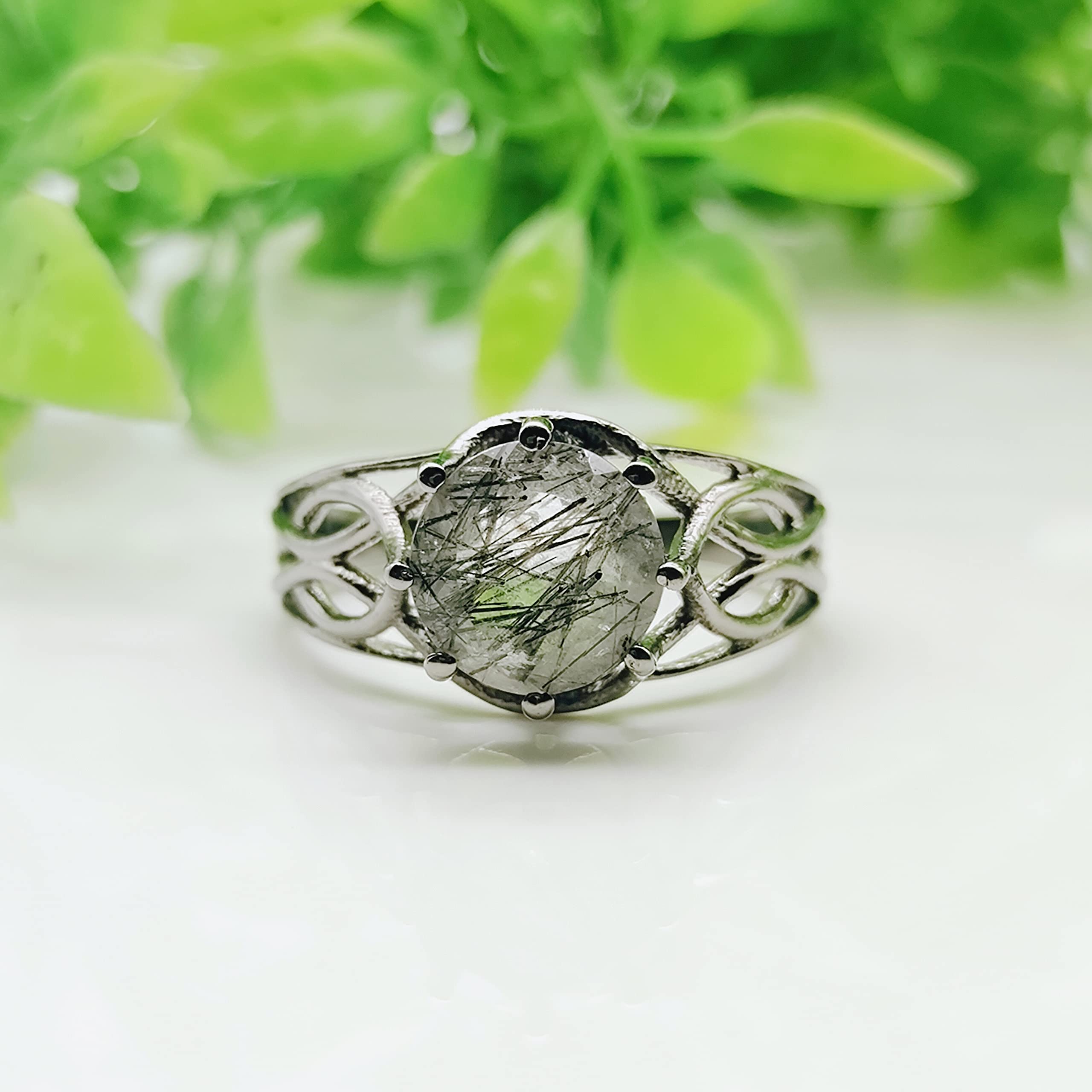 Natural Black Rutilated Quartz Ring For Women Round Shaped Gold Ring 925 Sterling Silver Ring Delicate Ring Statement Ring Promise Ring For Women Gift By FOREVER GEMS & JEWELS Rose Gold/Green/White