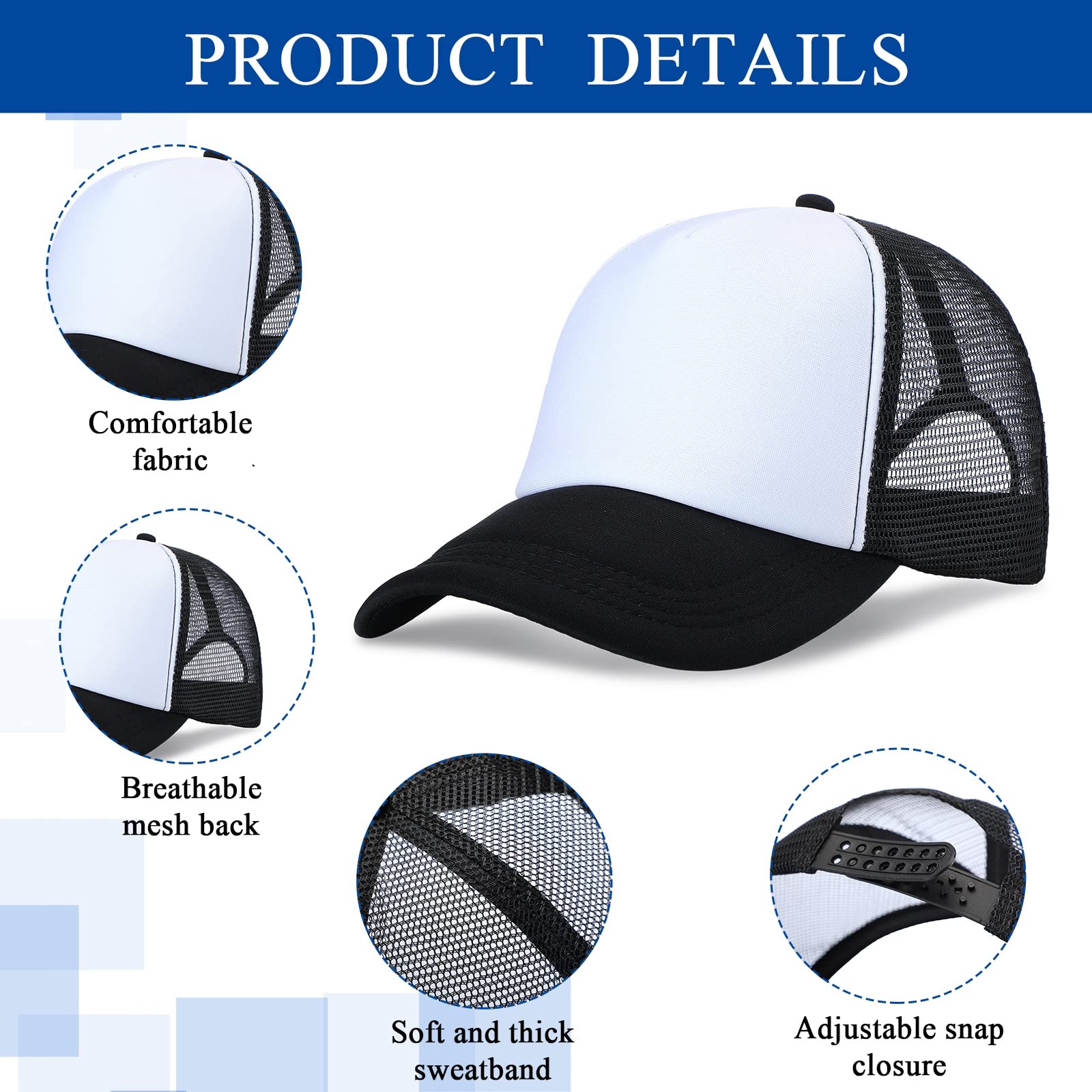 24 Pieces Unisex Sublimation Blank Mesh Baseball Cap Adjustable Plain Blank Mesh Trucker Hat for DIY Embroidery Sublimation Printing(Black White)