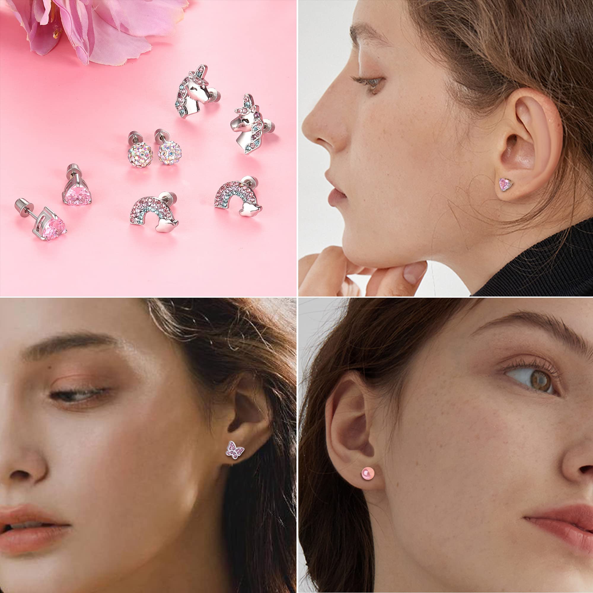 ZELORES 8 Pairs Cute Screw Back Earrings for Women Pink CZ Heart Unicorn Stud Earrings Stainless Steel Flower Butterfly Screwback Earrings Set (Set1)